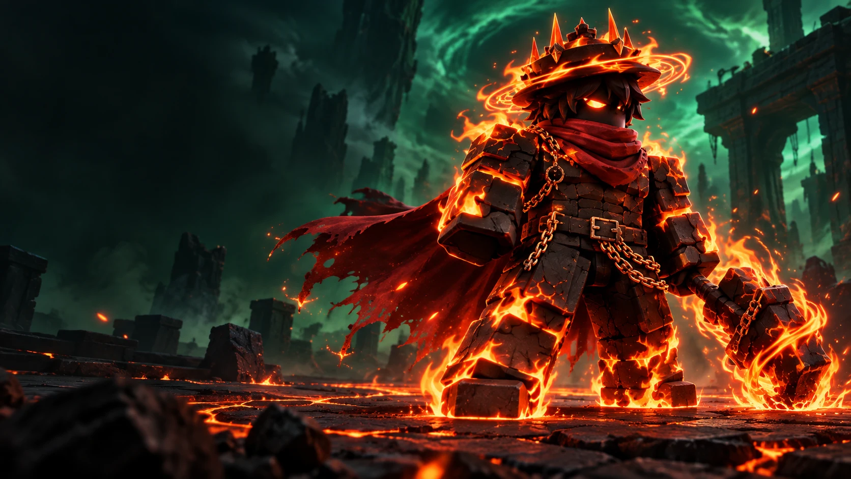 Embercoil, a Basewars warrior in molten armor with a burning hat and cape